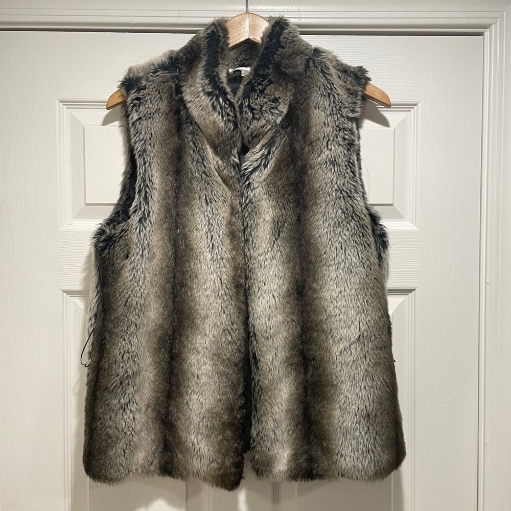 Kenar Womens Faux Fur Vest Large Brown Grey Cashmere Blend Sleeveless Jacket
